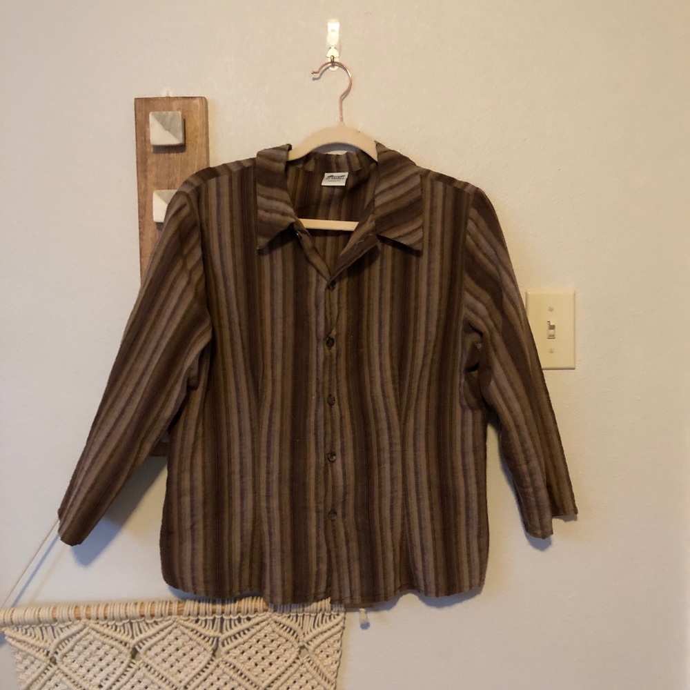 CP Shades Lagenlook Brown Striped Button Up Shirt
